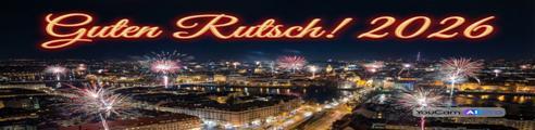KI-generiertes Silvester-Bild einer Stadtlandschaft von oben mit Feuerwerk und der Aufschrift 'Guten Rutsch! 2026'